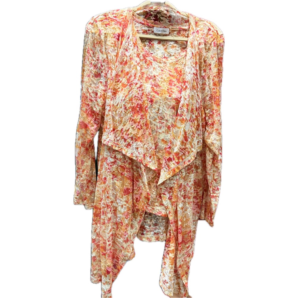 Calvin Klein Womens Floral Burnout Mesh Tank and Cardigan Twin Set Orange Pink